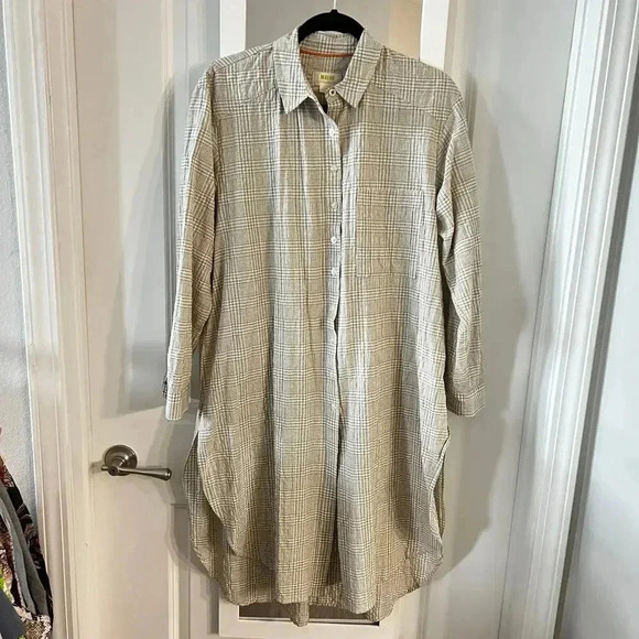 Anthropologie Maeve Plaid Tan & White Tunic Button Shirt Women's Small - Picture 2 of 5